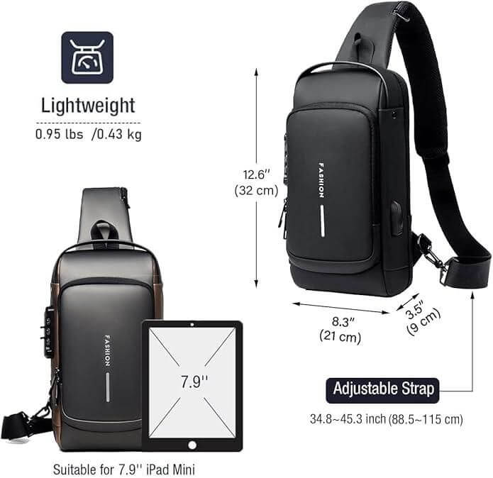 Lightweight black sling bag for men and women with adjustable strap and compact design suitable for 7.9 inch iPad Mini