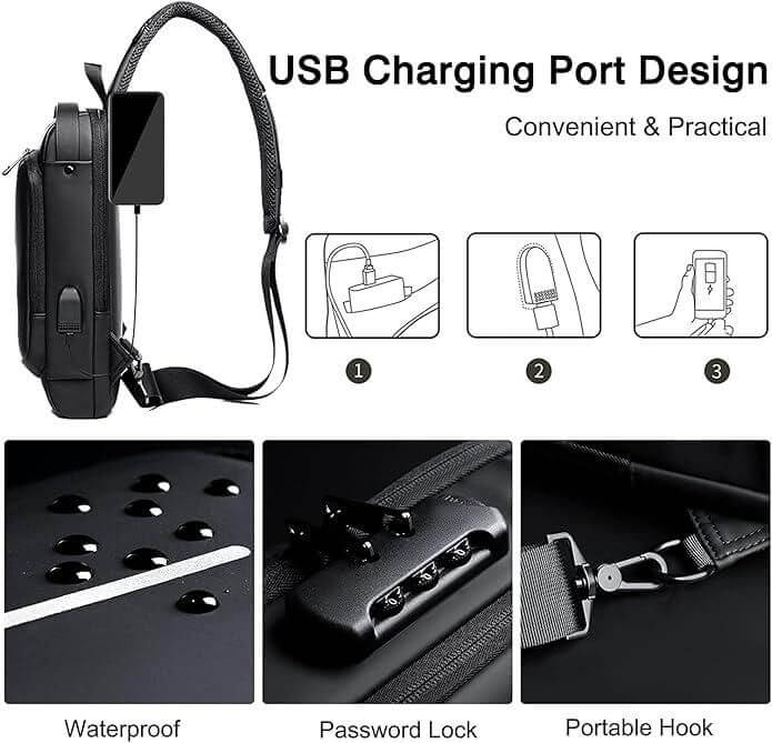 Black sling bag for men and women with USB charging port waterproof password lock and portable hook