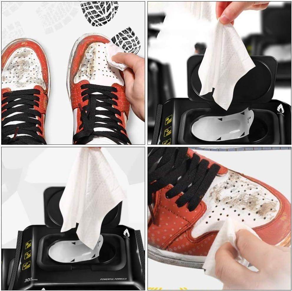 Eco-friendly sneaker cleaner wipes being used to clean dirty red and white sneakers in various close-up shots