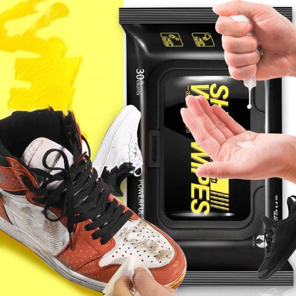 Eco-friendly sneaker cleaner wipes package with dirty sneakers and hands using the wipes for cleaning