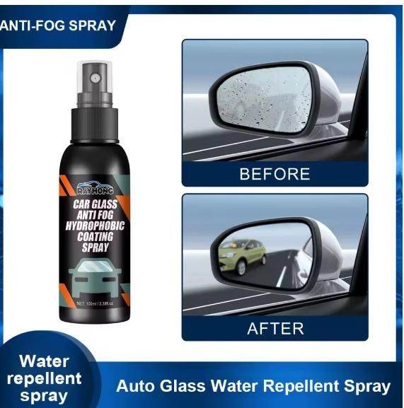 Car glass anti-fog spray bottle with before and after side mirror showing water repellent effect