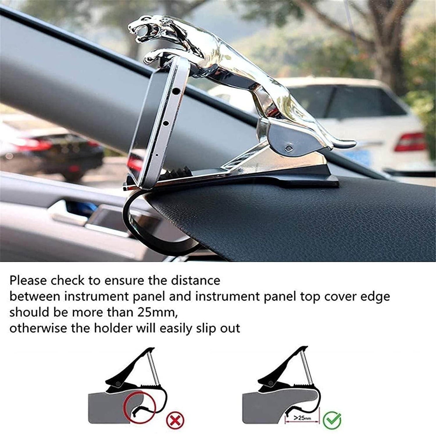 Silver jaguar dashboard phone holder clipped on car dashboard securely holding a phone