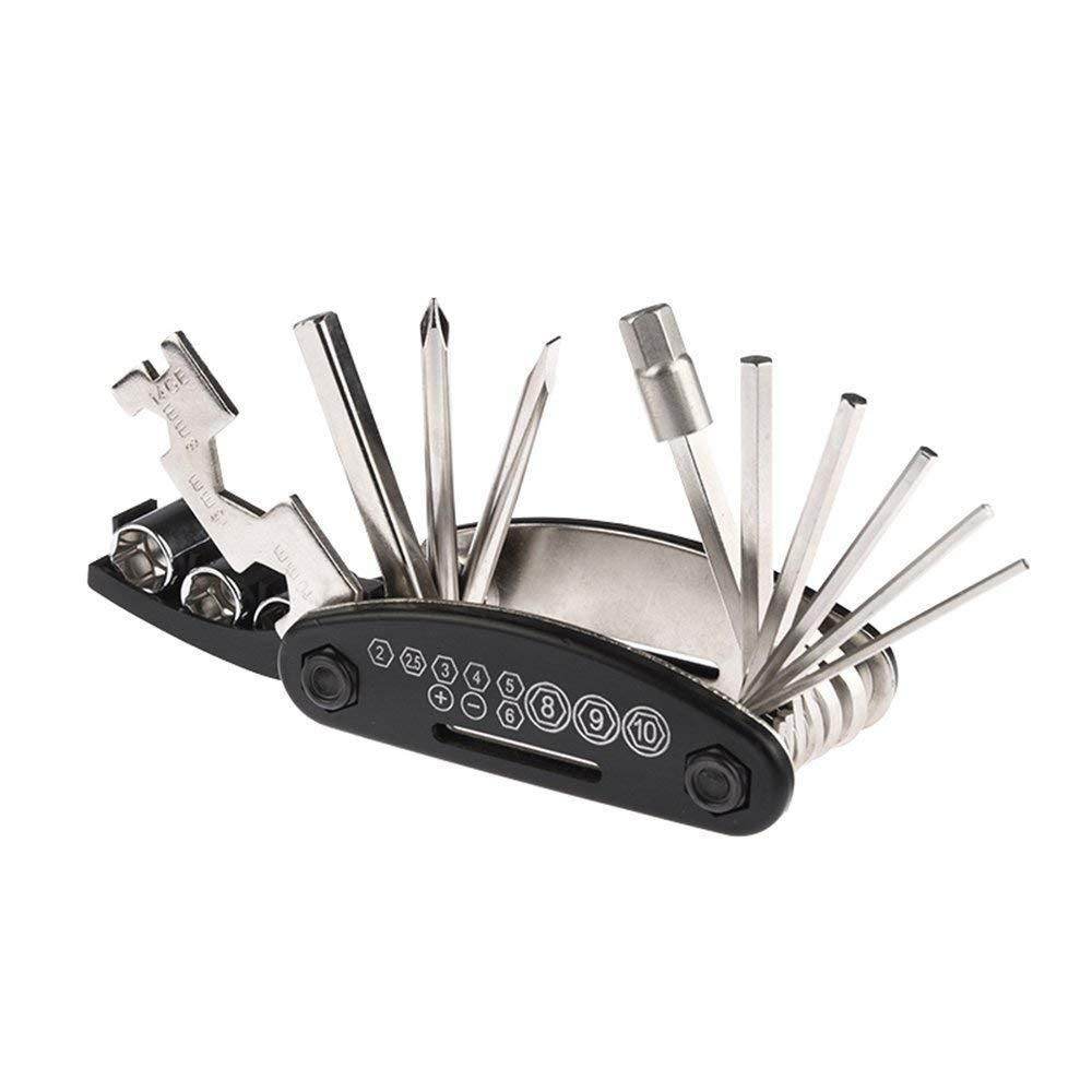 Compact bicycle maintenance toolset with multiple fold-out tools and wrench attachments