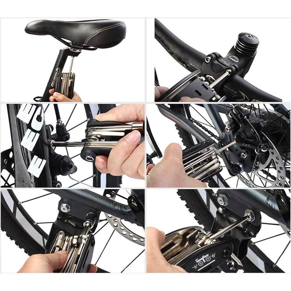 Compact bicycle maintenance toolset used for adjusting bike seat, handlebars, brakes, and spokes