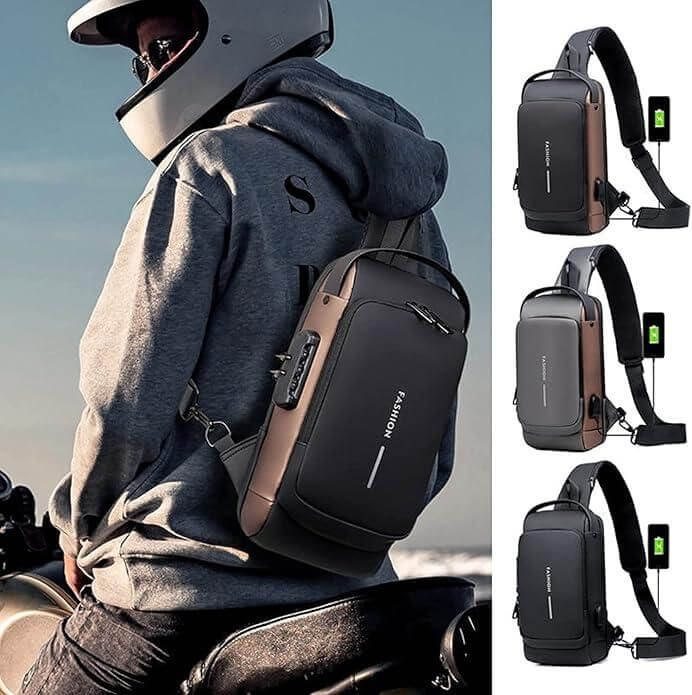 Sling bag for men and women in black and brown with USB charging port worn by motorcyclist