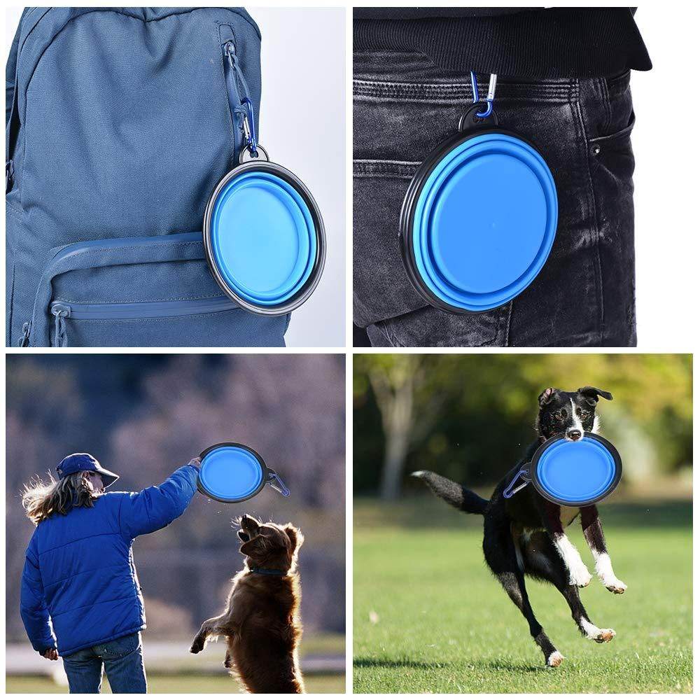 Blue foldable silicone pet bowl attached to backpack and belt and used outdoors with dogs