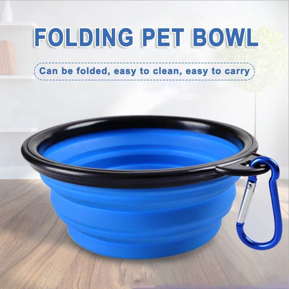 Blue foldable silicone pet bowl with black rim and attached blue carabiner clip for easy carrying
