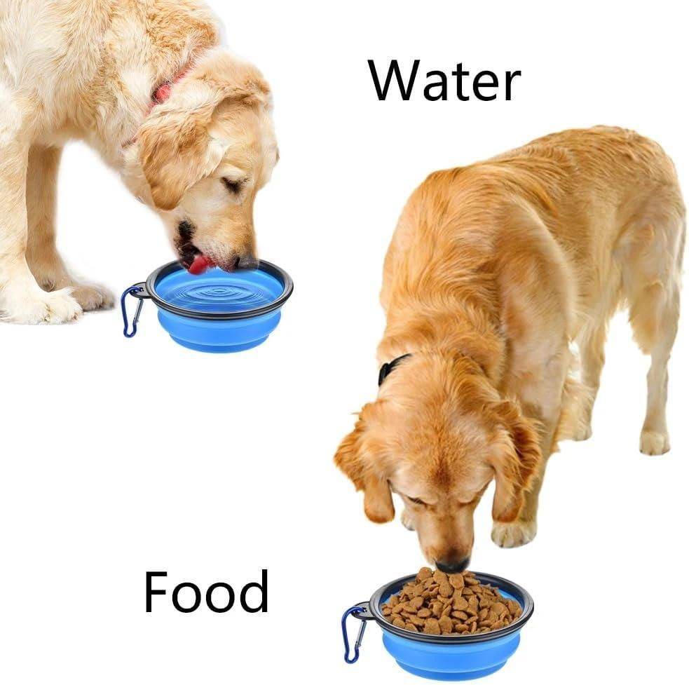Two golden retrievers drinking water and eating food from blue foldable silicone pet bowls with carabiner clips