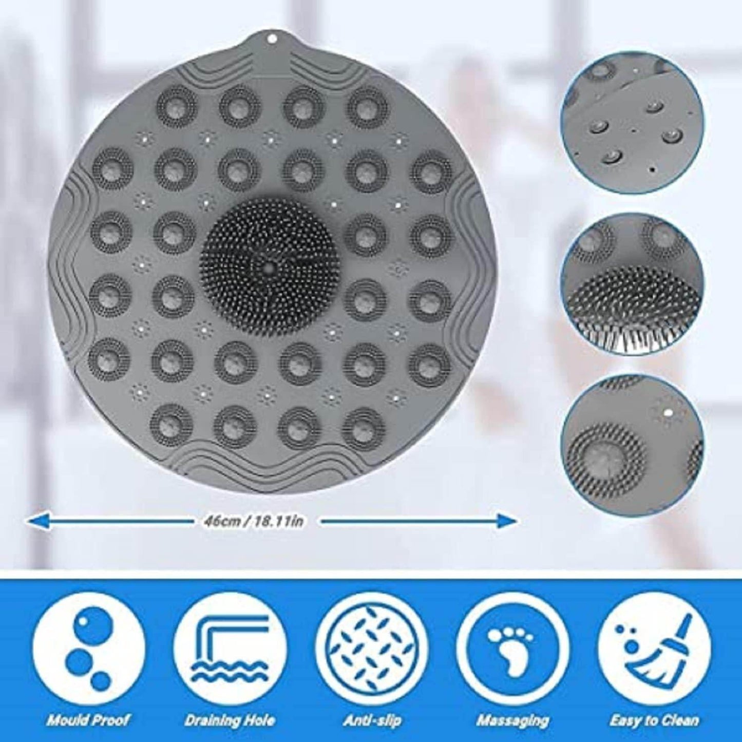 Gray round foot scrubber mat for shower with massaging bristles and anti-slip design