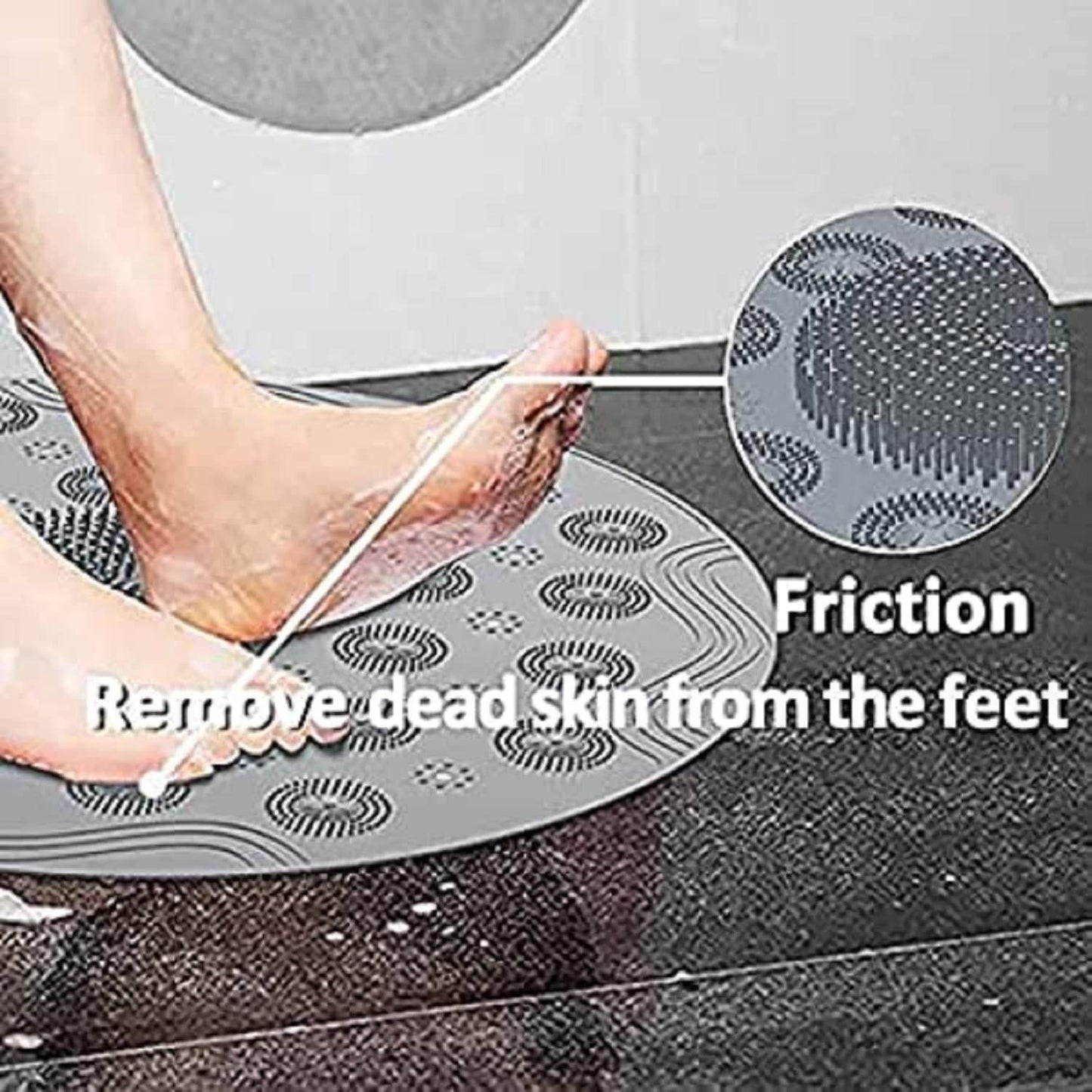 Gray foot scrubber mat for shower with textured surface removing dead skin from feet