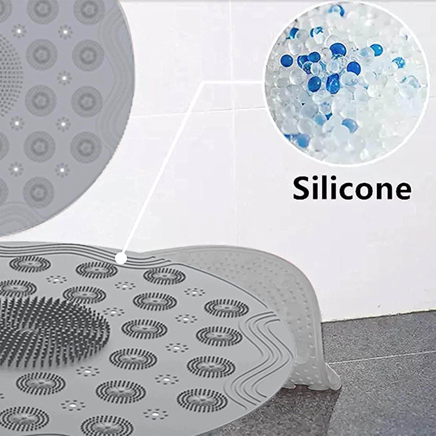 Gray silicone foot scrubber mat for shower with textured bristles and non-slip suction cups