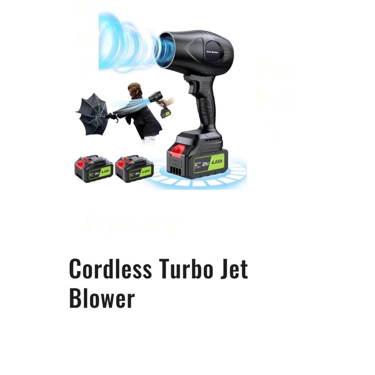 Cordless turbo handheld jet blower for home use with two rechargeable batteries and ergonomic handle