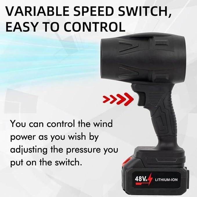 Black handheld jet blower for home use with variable speed switch and lithium-ion battery