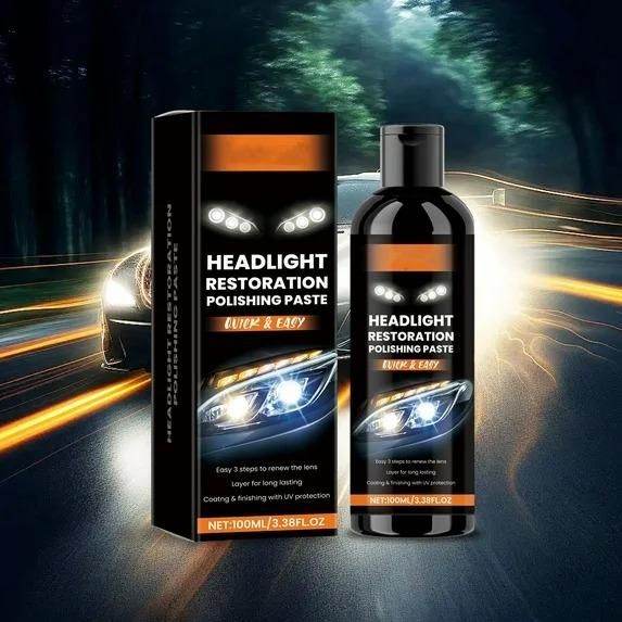 Headlight restoration polishing paste bottle and box with car headlights shining bright in the background