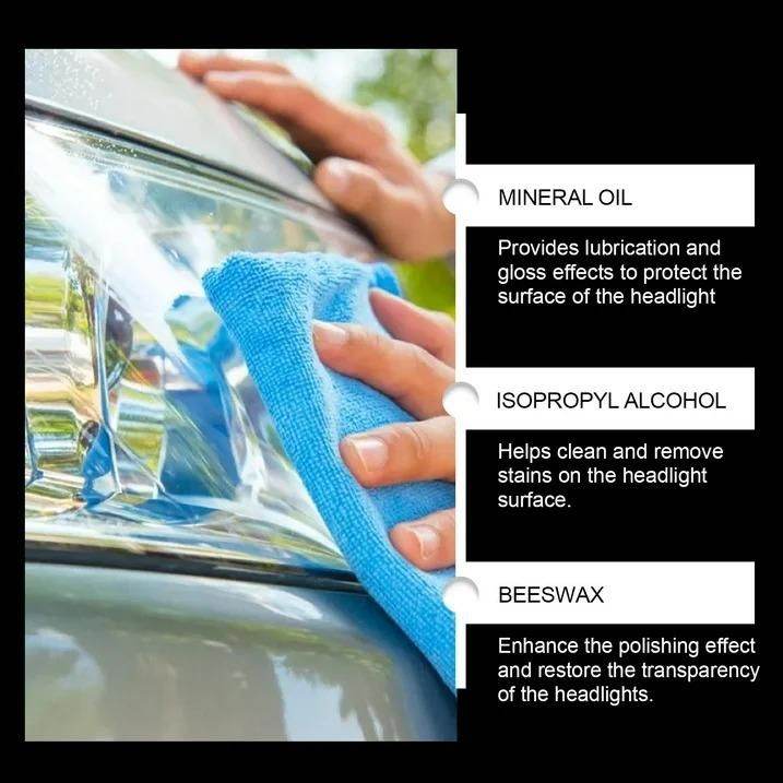 Hands cleaning car headlight with blue cloth using headlight restoration polishing paste components