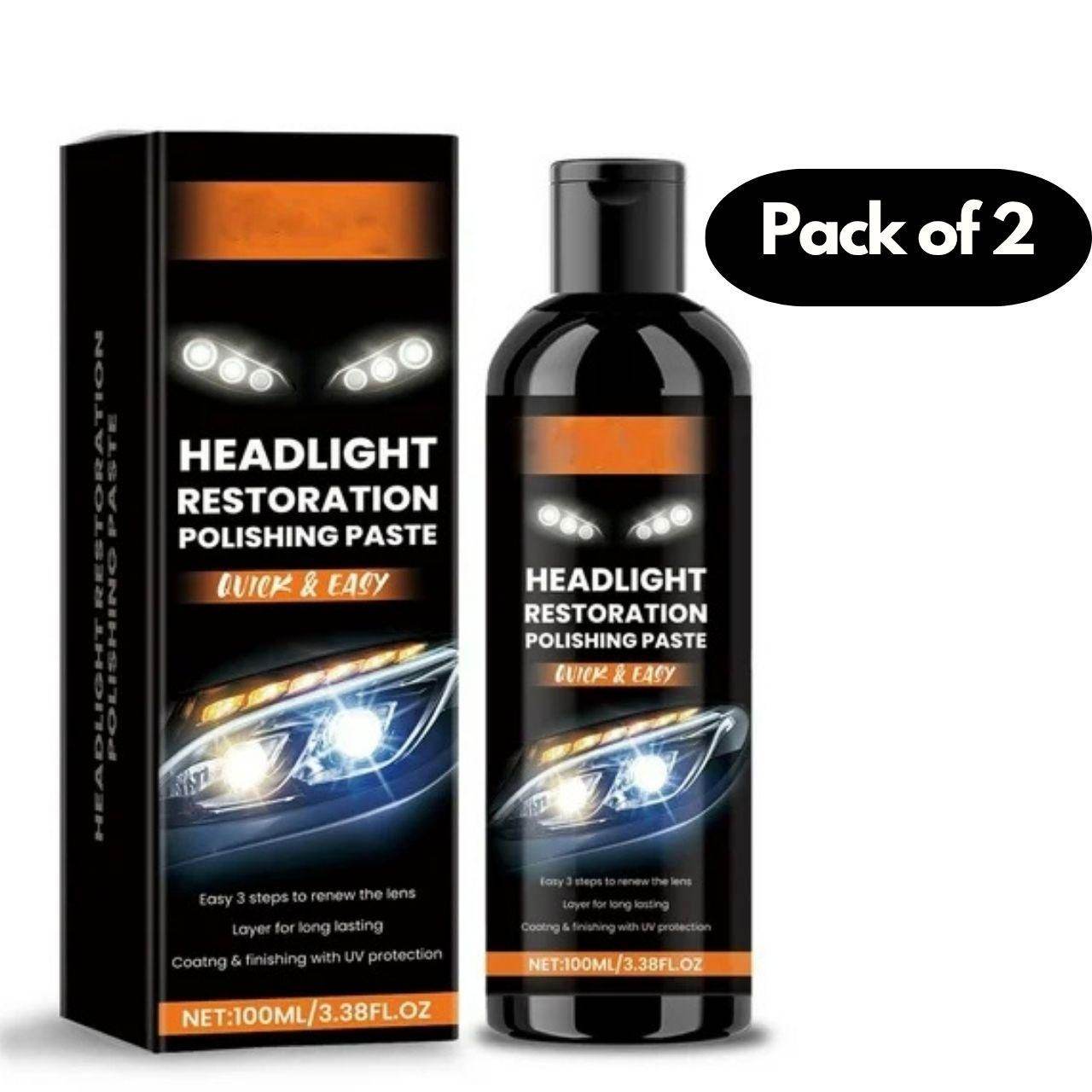 Pack of 2 headlight restoration polishing paste bottles with black packaging and clear car headlight image