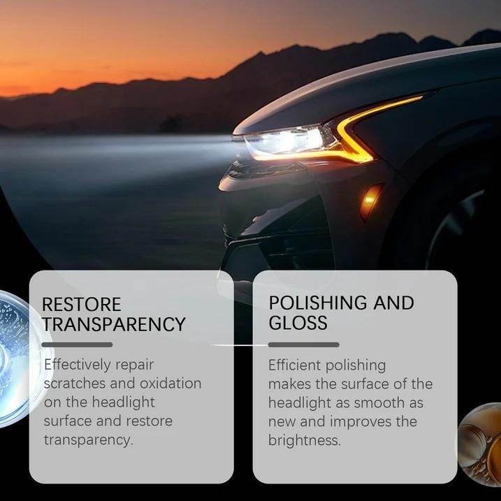Car headlight shining brightly after using headlight restoration polishing paste for clarity and gloss