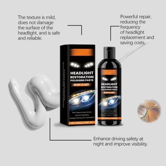 Headlight restoration polishing paste with bottle and packaging showing product benefits and smooth paste texture