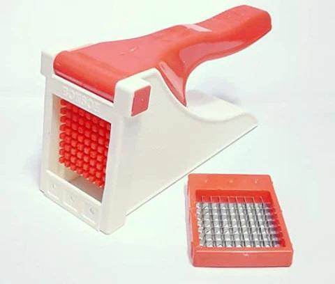 Heavy duty vegetable chopper with red handle and interchangeable stainless steel blades for kitchen use