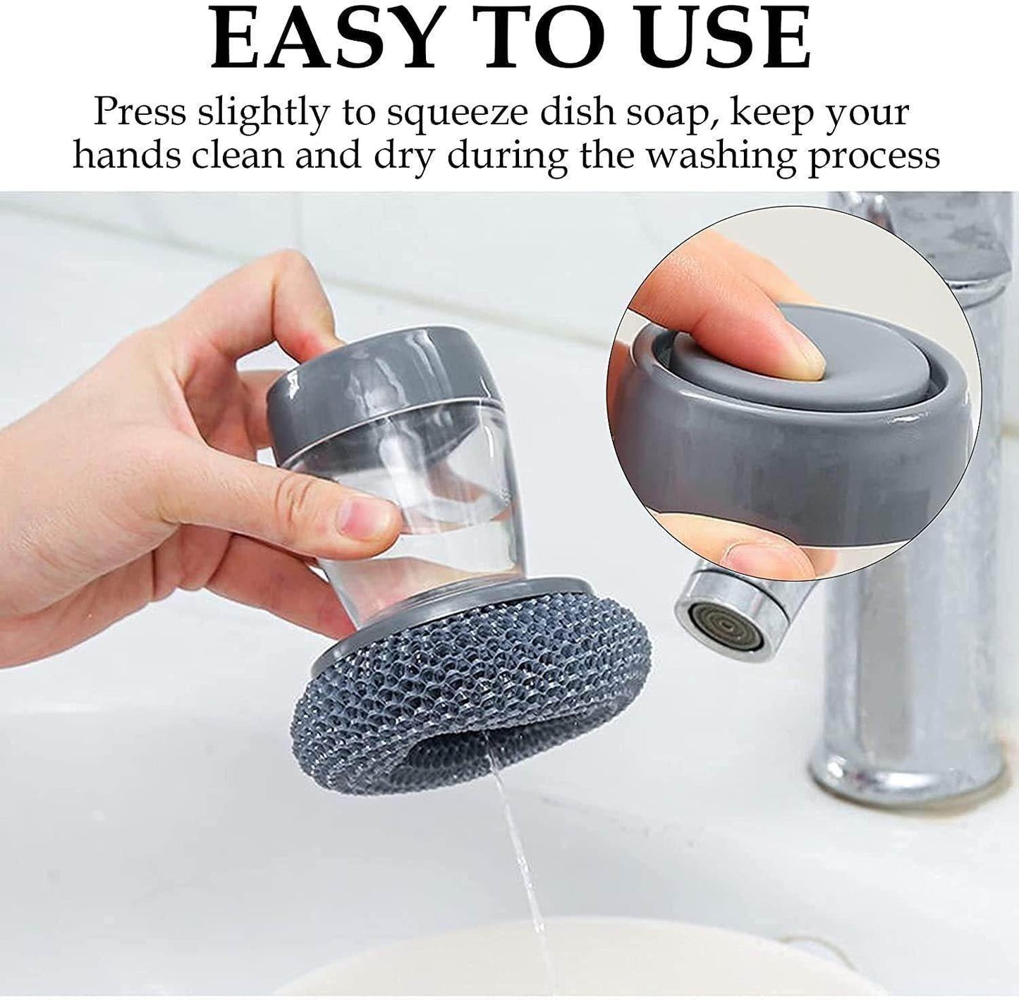 Kitchen soap dispensing palm brush with gray soap container being pressed over sink for dishwashing