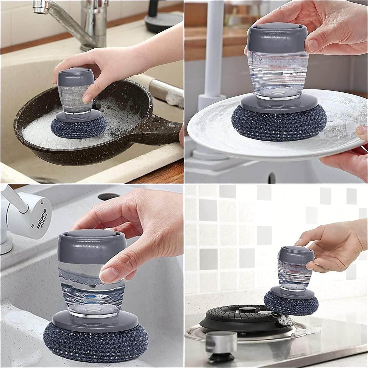 Kitchen soap dispensing palm brush with clear soap container and scrubber being used on dishes and pans