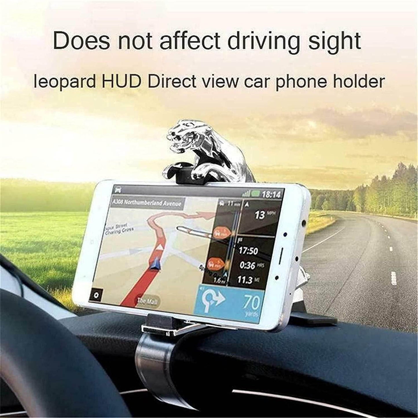Jaguar dashboard phone holder with silver jaguar figure securing smartphone on car dashboard