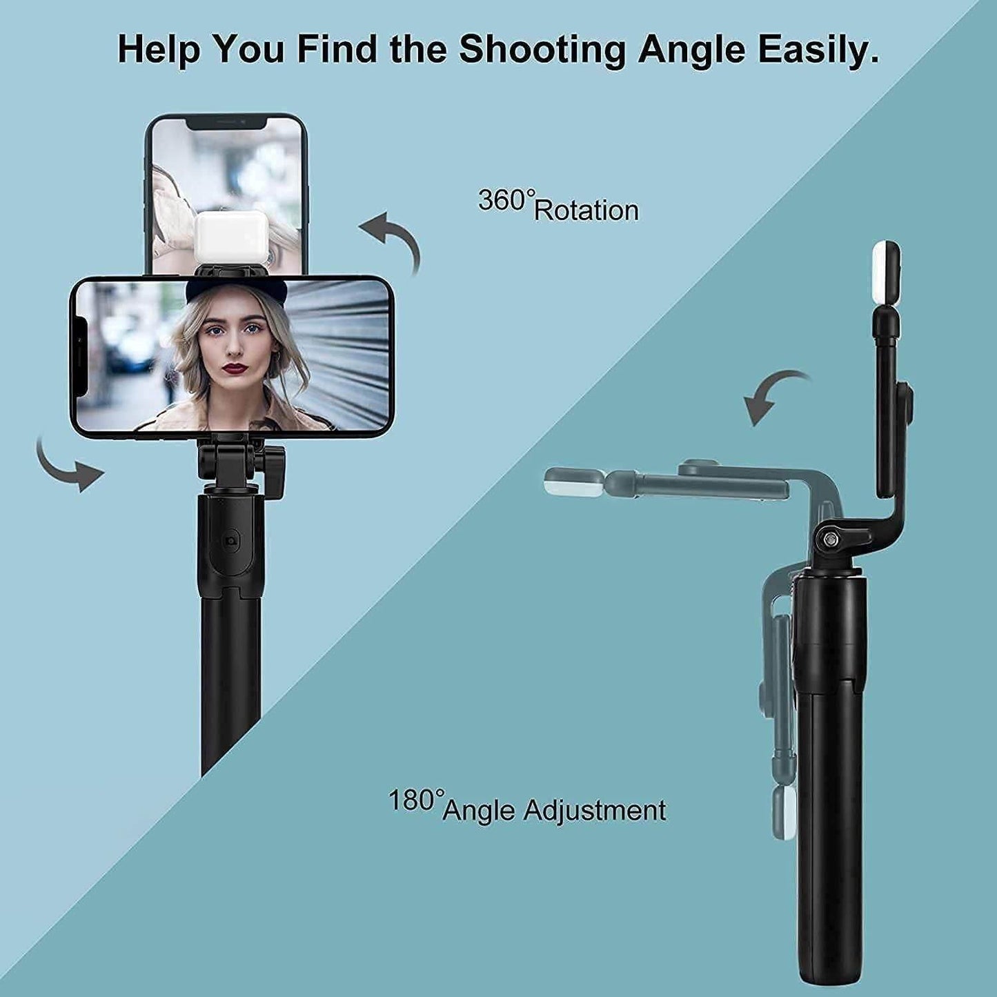 Multi function selfie stick for vlogging with 360-degree rotation and 180-degree angle adjustment in black