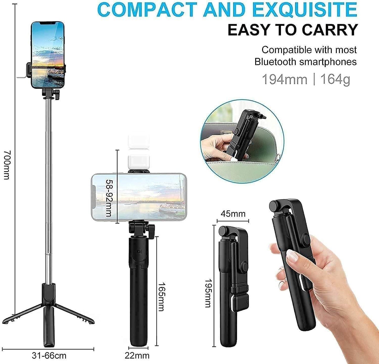 Multi function selfie stick for vlogging with adjustable tripod and Bluetooth remote for smartphones