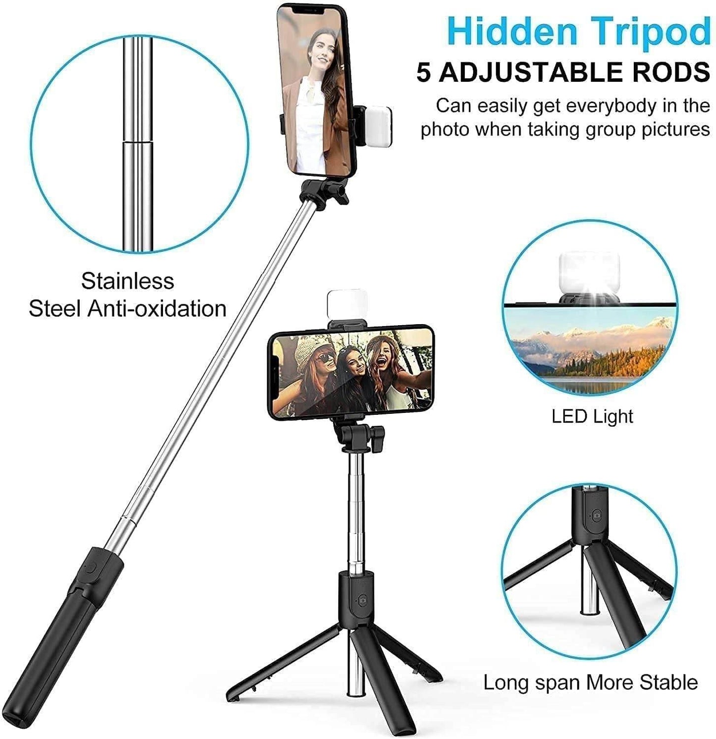 Multi function selfie stick for vlogging with hidden tripod, adjustable rods, LED light, and stainless steel design