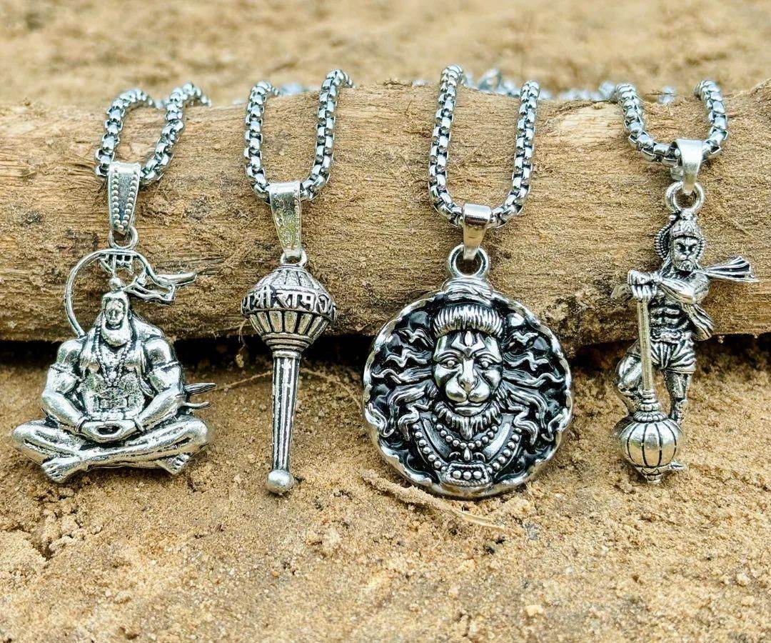 Silver Lord Hanuman pendant necklace with detailed handcrafted design on a silver chain