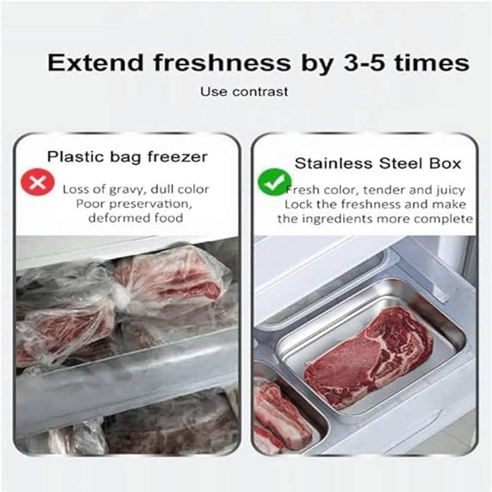 Multi-purpose kitchen container with cover stainless steel box preserving meat freshness compared to plastic bag freezer