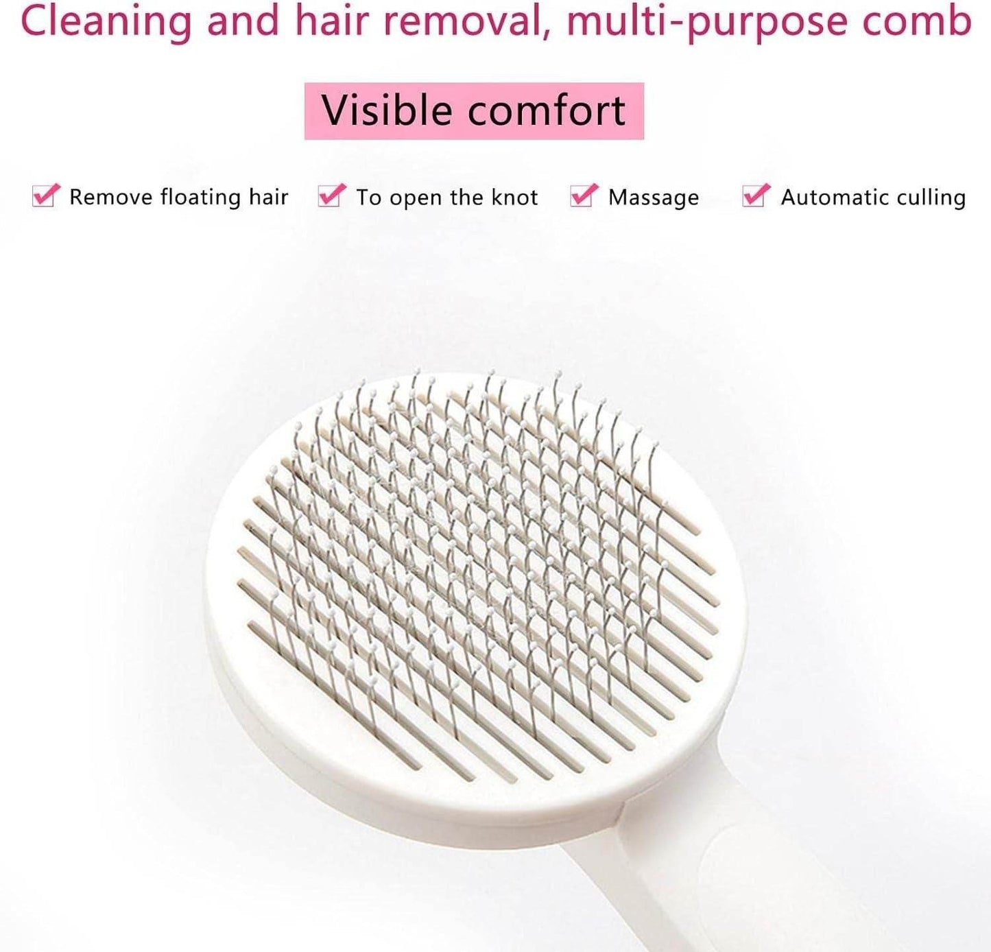White pet head comb with cleaning needle for removing floating hair and opening knots