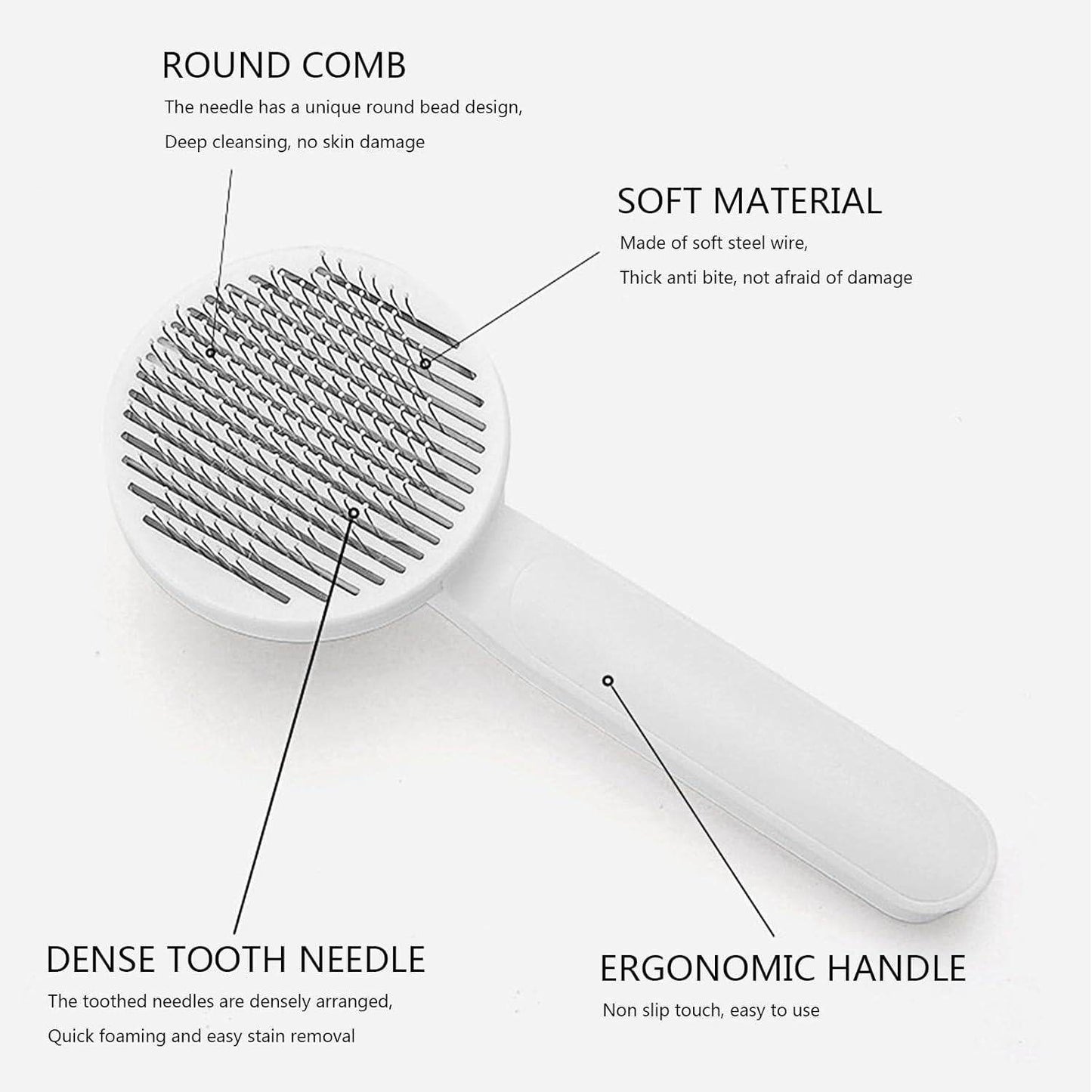 White pet head comb with cleaning needle featuring round comb, dense tooth needle, soft material, and ergonomic handle
