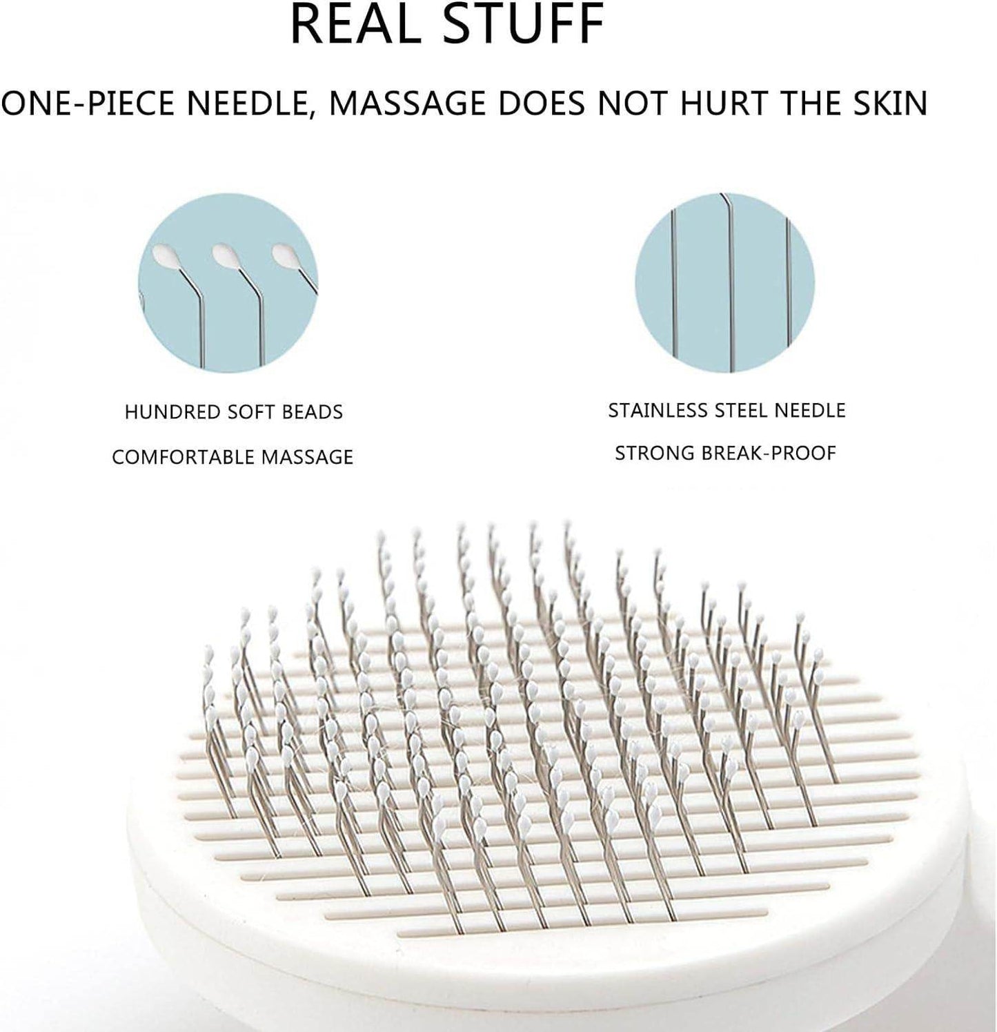 Pet head comb with cleaning needle featuring stainless steel needles and soft massage beads for gentle grooming