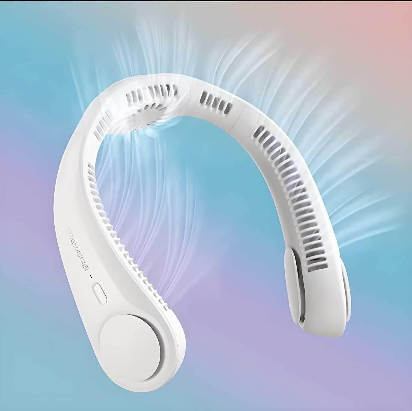 White portable neck fan rechargeable with ergonomic design and airflow vents for personal cooling
