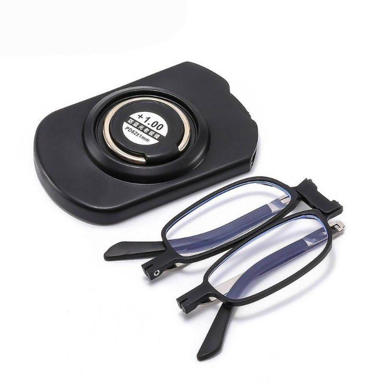 Black foldable portable reading glasses UV400 with compact carrying case and 1.00 magnification lenses