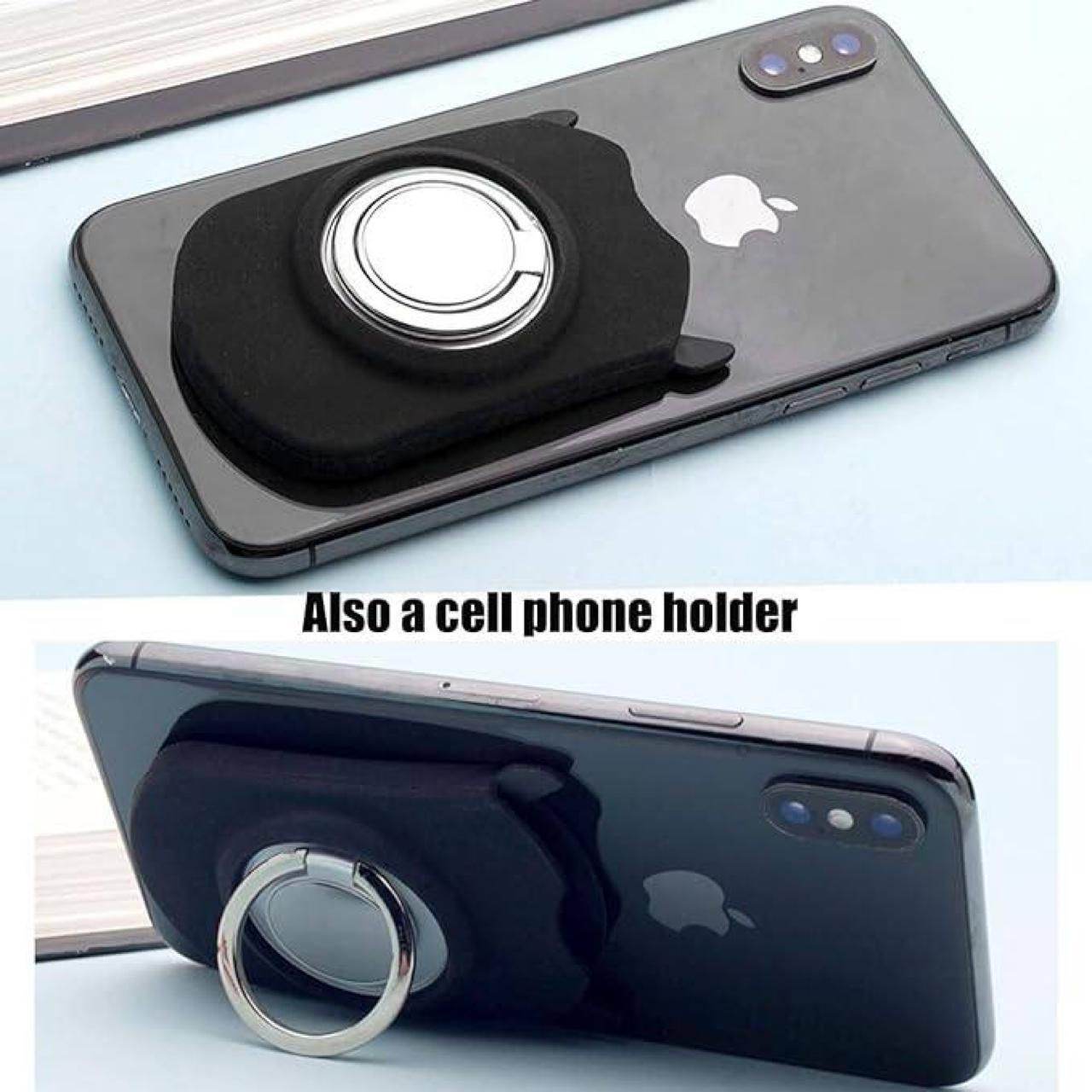 Portable reading glasses UV400 case doubling as a black cell phone holder with metal ring stand