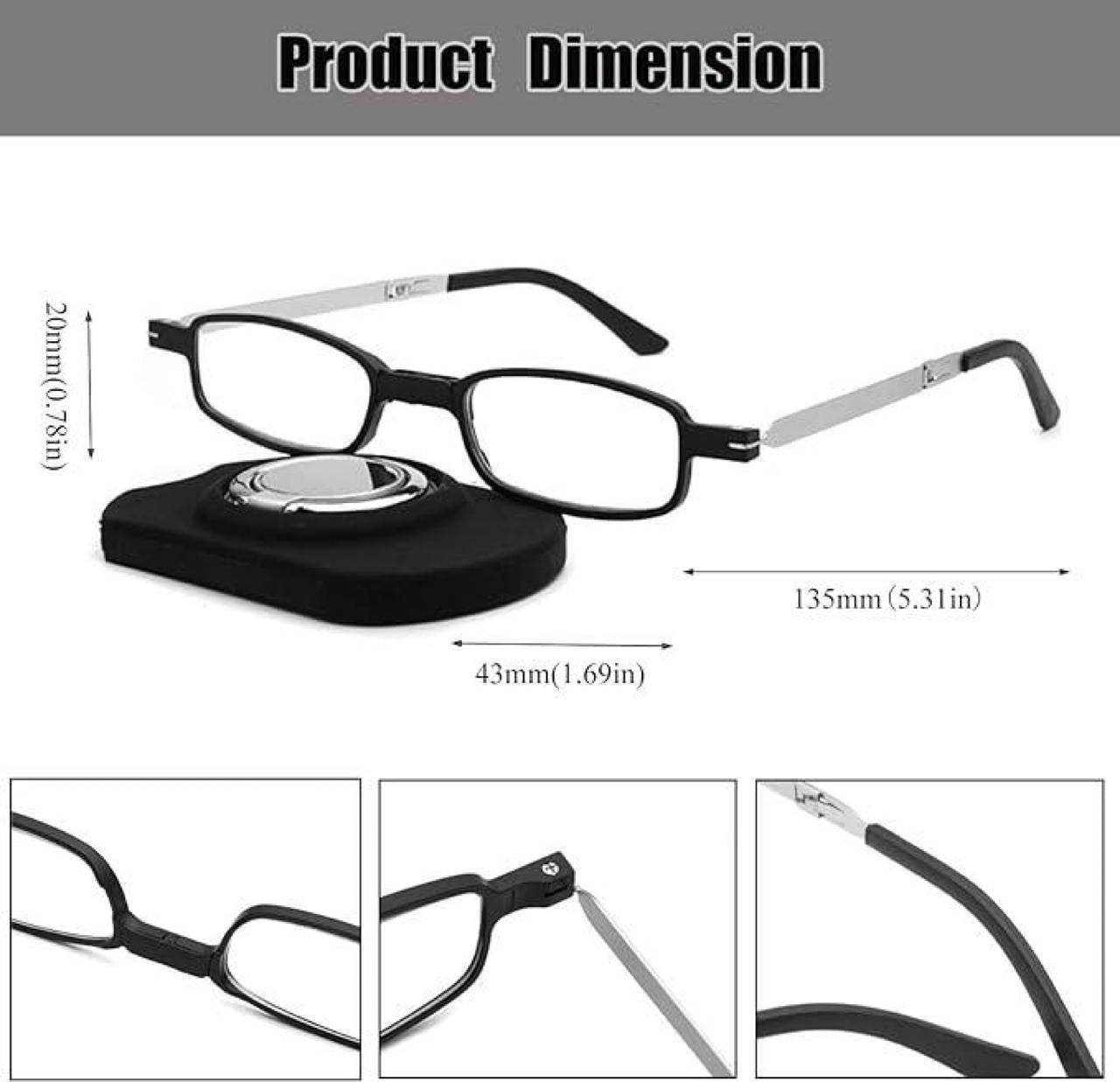Black portable reading glasses UV400 with silver temples and compact foldable design shown with dimensions