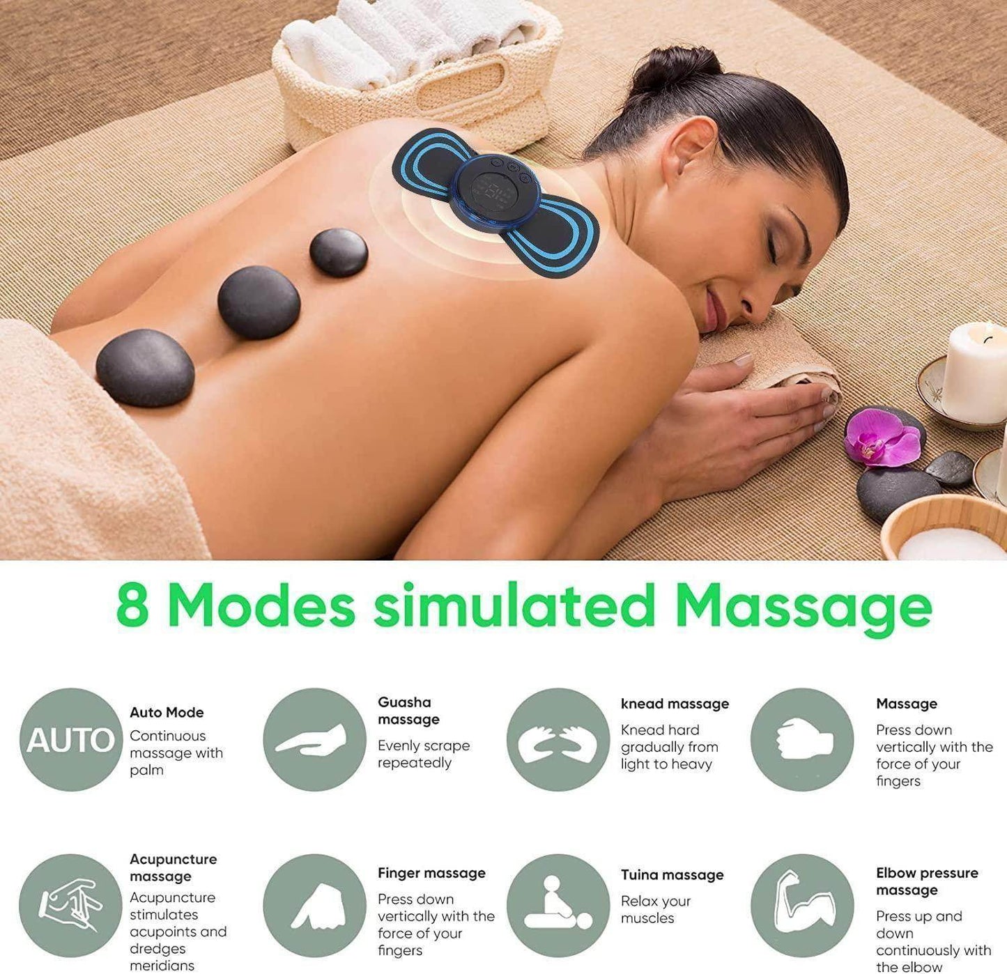 Woman using a portable wireless muscle massager on upper back with 8 massage modes for relaxation