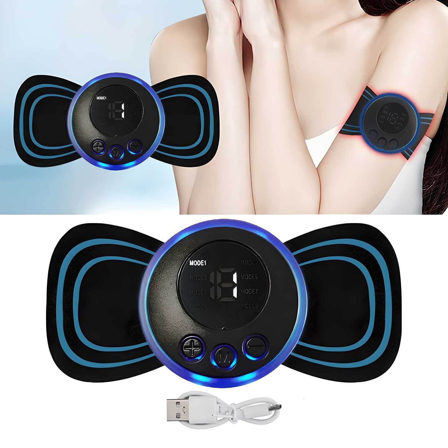 Portable wireless muscle massager device with digital display and USB charging cable for arm pain relief