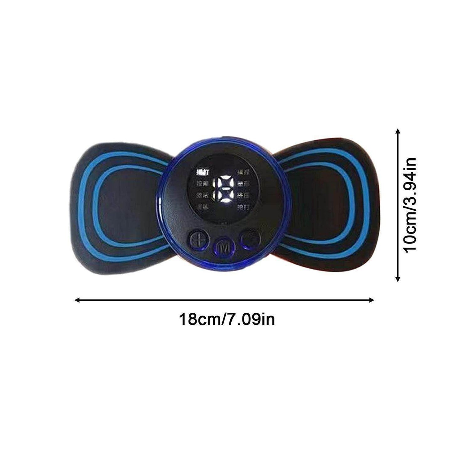 Compact black and blue portable wireless muscle massager with digital display and control buttons