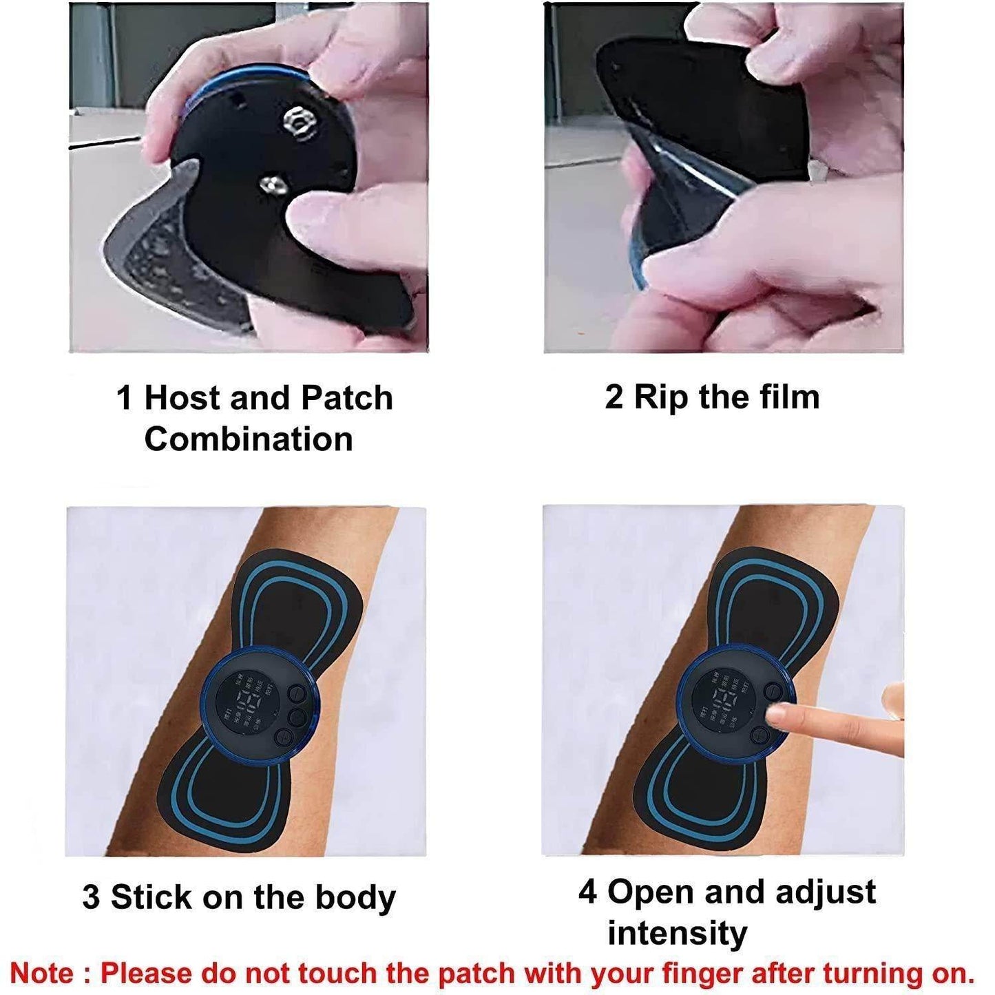 Step by step instructions showing how to use the portable wireless muscle massager patch on the arm
