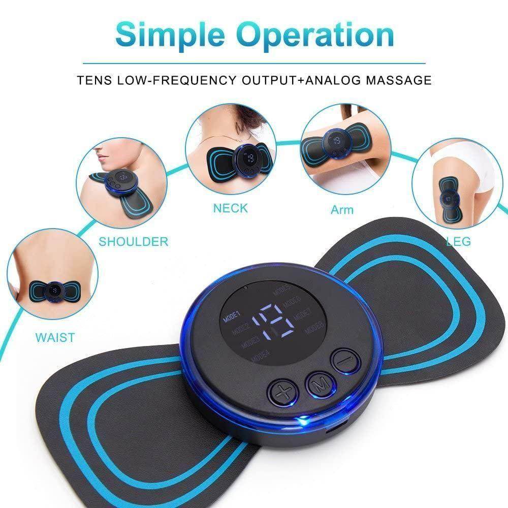 Portable wireless muscle massager with blue and black design for shoulders neck arms legs and waist