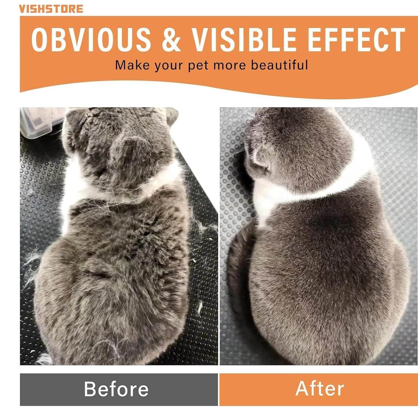 Before and after grooming showing obvious effect using steam brush for pets on a gray and white cat
