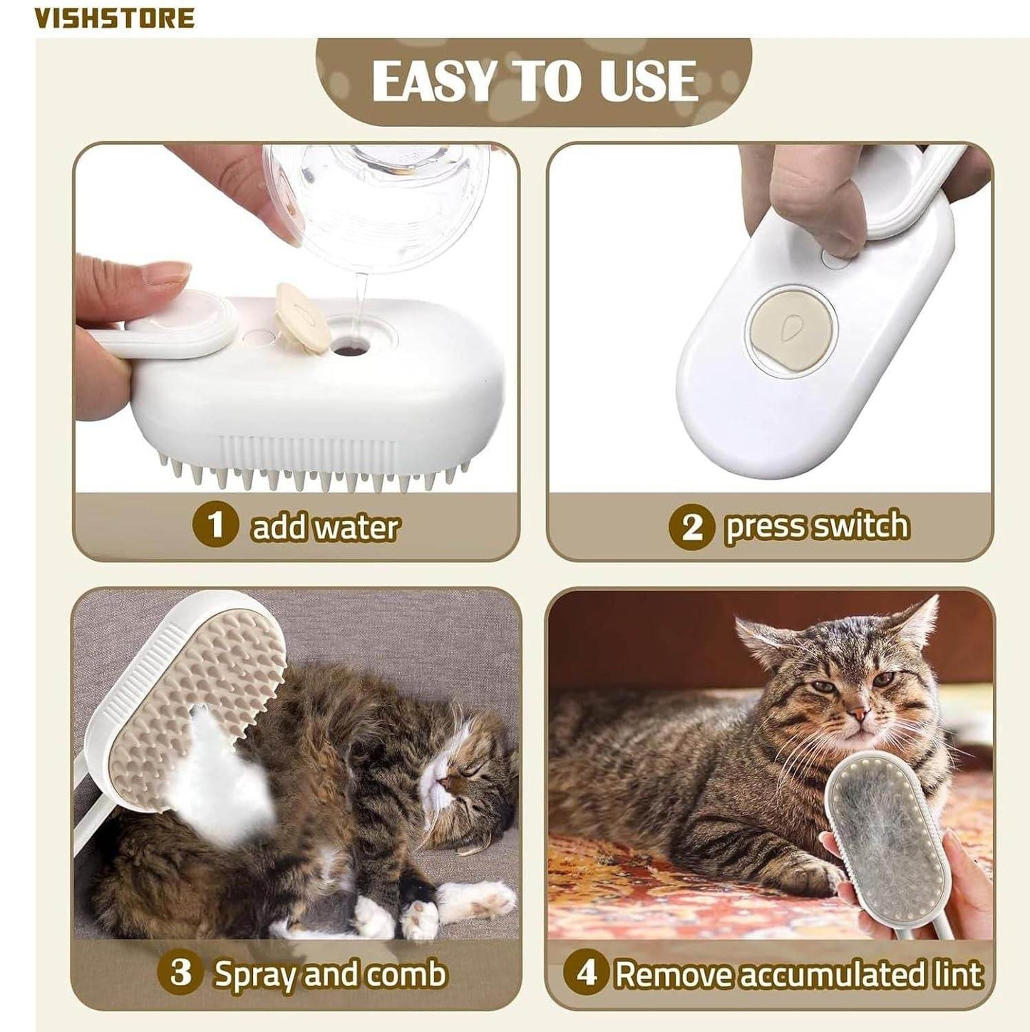 Step-by-step instructions showing how to use the steam brush for pets to comb and remove lint from a cat