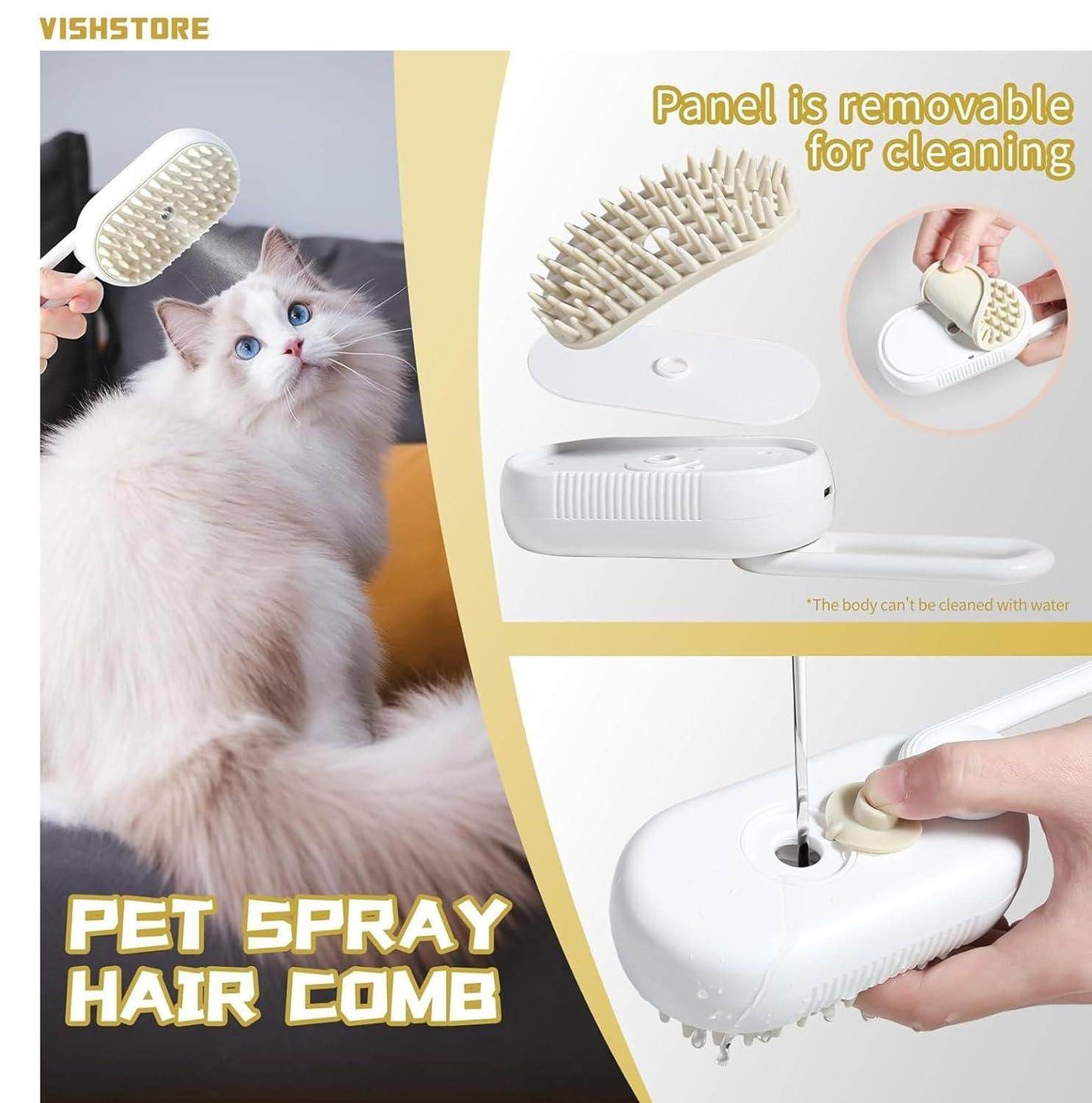 Steam brush for pets with removable panel for cleaning and pet spray hair comb used on a fluffy white cat