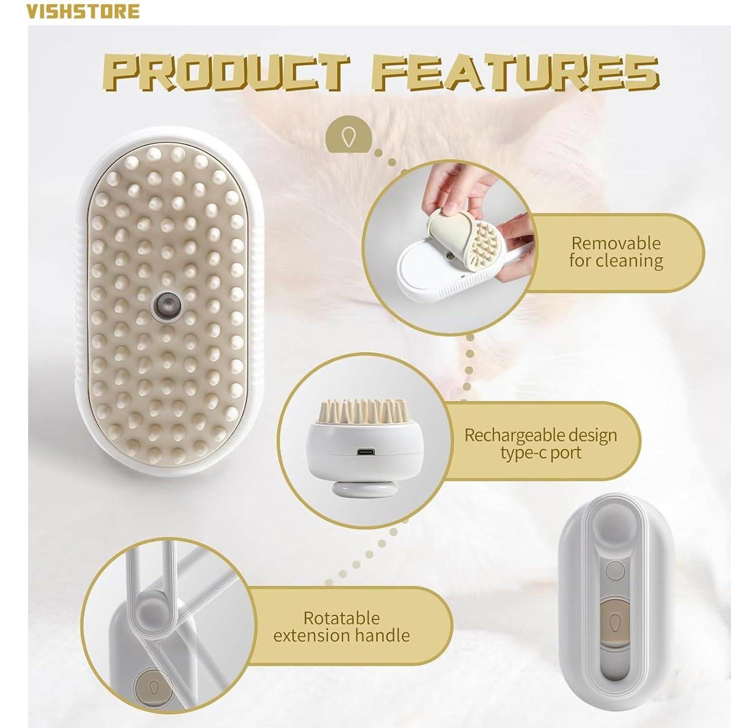 Steam brush for pets with removable cleaning head rechargeable type-c port and rotatable extension handle