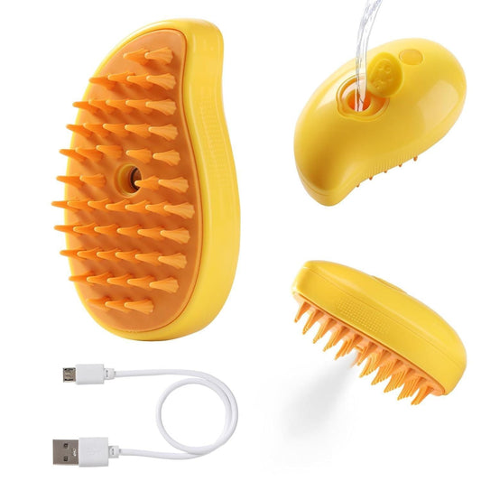 Yellow electric scalp massager brush with soft silicone bristles and USB charging cable