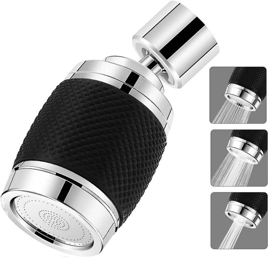 3 mode sink faucet nozzle with black textured grip and chrome finish showing different water spray modes