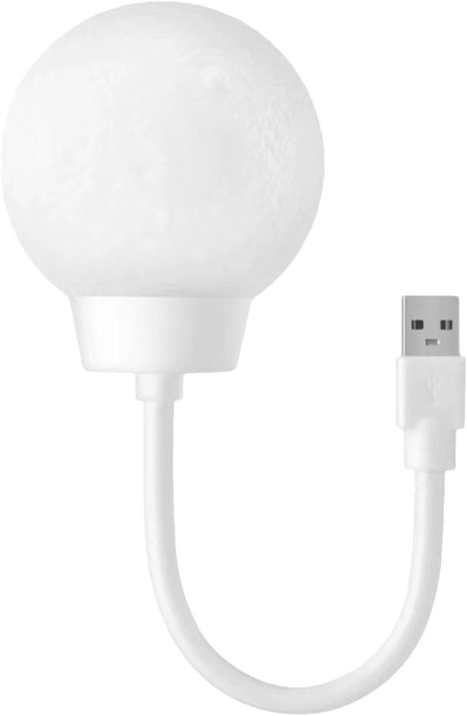 White 3D moon lamp night light with USB charging cable and textured lunar surface